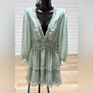 SHEIN Mint Green Ruffle V-Neck Tiered Long Sleeve Dress